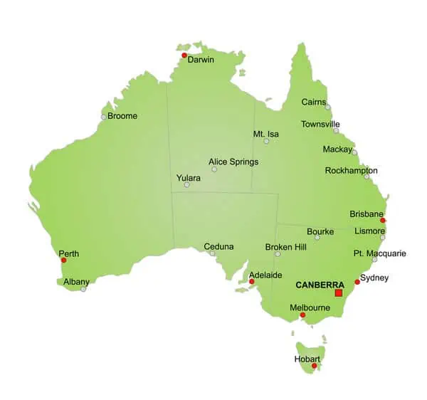 The map of Australia with its capital and cities