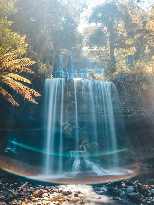Russell Falls in Tasmania, one of the iconic waterfalls in Australia, cascading gently through lush green foliage, representing the serene beauty of Australia's natural landscapes. This image enhances the post about exploring the most beautiful waterfalls in Australia.
