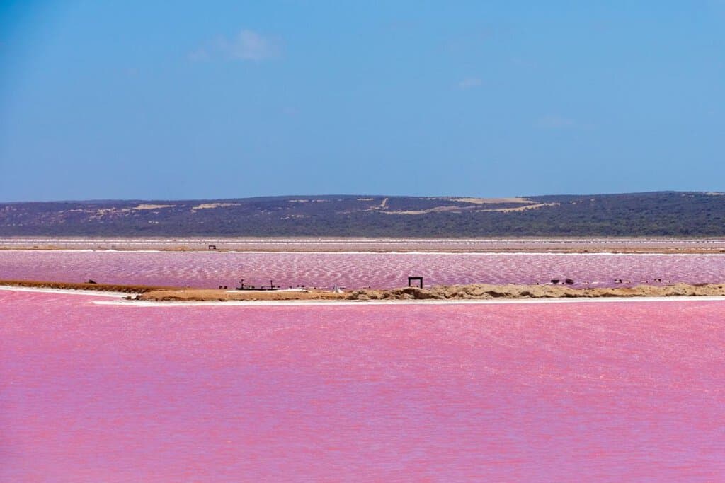 Expansive view of Lake Hillier in Australia, showcasing its distinct pink waters bordered by sandy shores and distant hills. The image highlights the lake's unique beauty, a central feature in the post discussing the natural wonders of Lake Hillier in Australia.