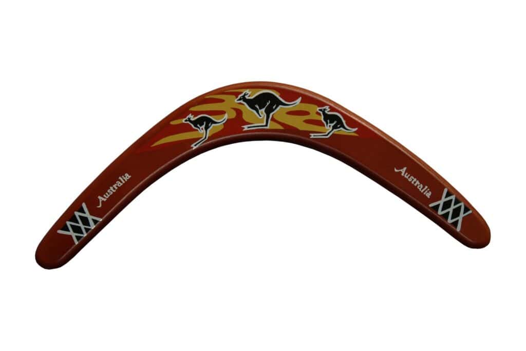 Wooden boomerang featuring kangaroo designs, a traditional Australian symbol, ideal as one of the unique Australian Christmas gifts for holiday celebrations.