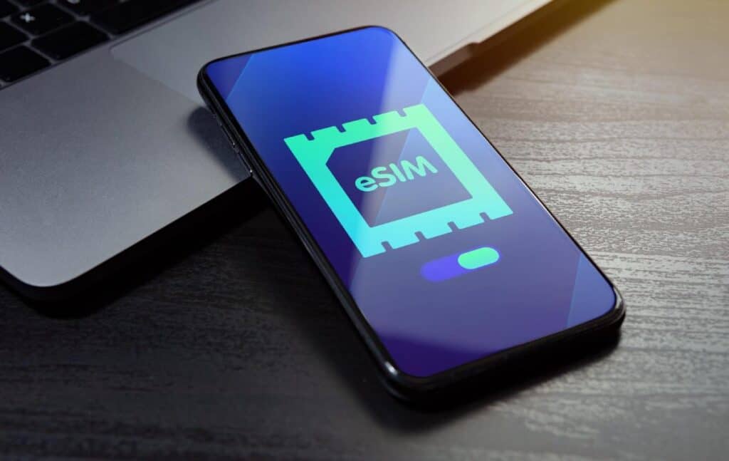 This image shows a smartphone screen displaying an eSIM icon. It relates to the blog post by visually representing eSIM technology, an increasingly popular option for travellers looking for the best eSIM card in Australia for flexible and easy mobile connectivity without needing a physical SIM.