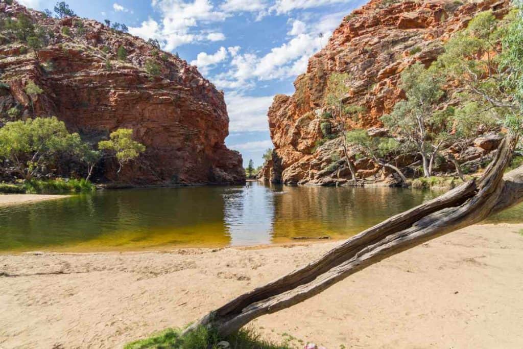 Ellery Creek Big Hole in Alice Springs, featuring a tranquil waterhole surrounded by red sandstone cliffs and lush trees, a popular stop when travelling to Alice Springs to explore the natural beauty of the Northern Territory