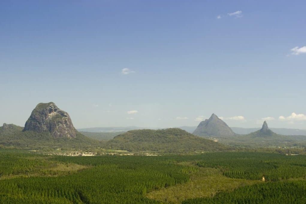 View of the Glass House Mountains rising above dense green forest under a clear blue sky, showcasing the natural beauty and slower pace of life that’s part of the lifestyle pros and cons of living on the Sunshine Coast.