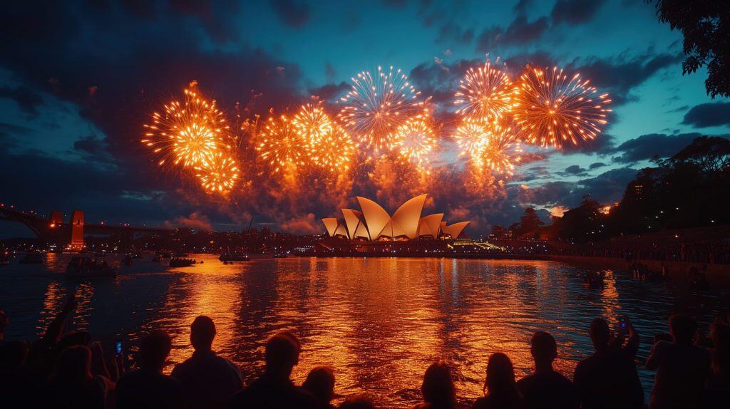 Fireworks explode in bright orange bursts above the Sydney Opera House as crowds gather along the harbour at night. The dramatic light display reflects on the water, capturing the festive spirit of Australia Day in Sydney.