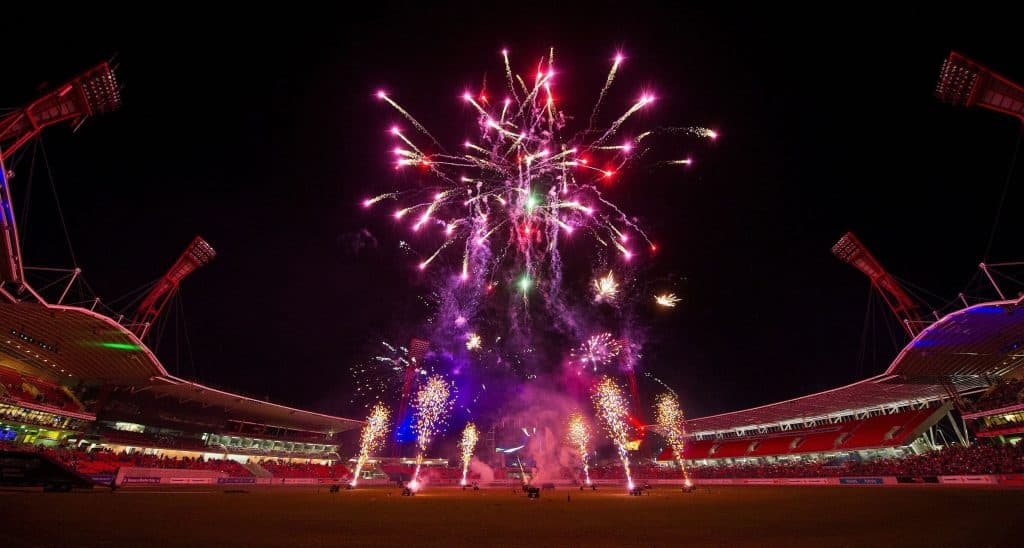 Bright fireworks lighting up the night sky above the main arena at the Sydney Royal Easter Show, capturing the spectacular evening entertainment and grand finale celebrations.