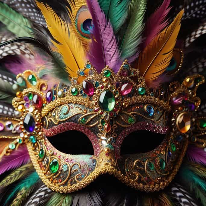 Close up of an ornate feathered mask with colourful jewels and gold detailing, symbolising the glamour and costume creativity seen during the Sydney Mardi Gras parade 2026 celebrations