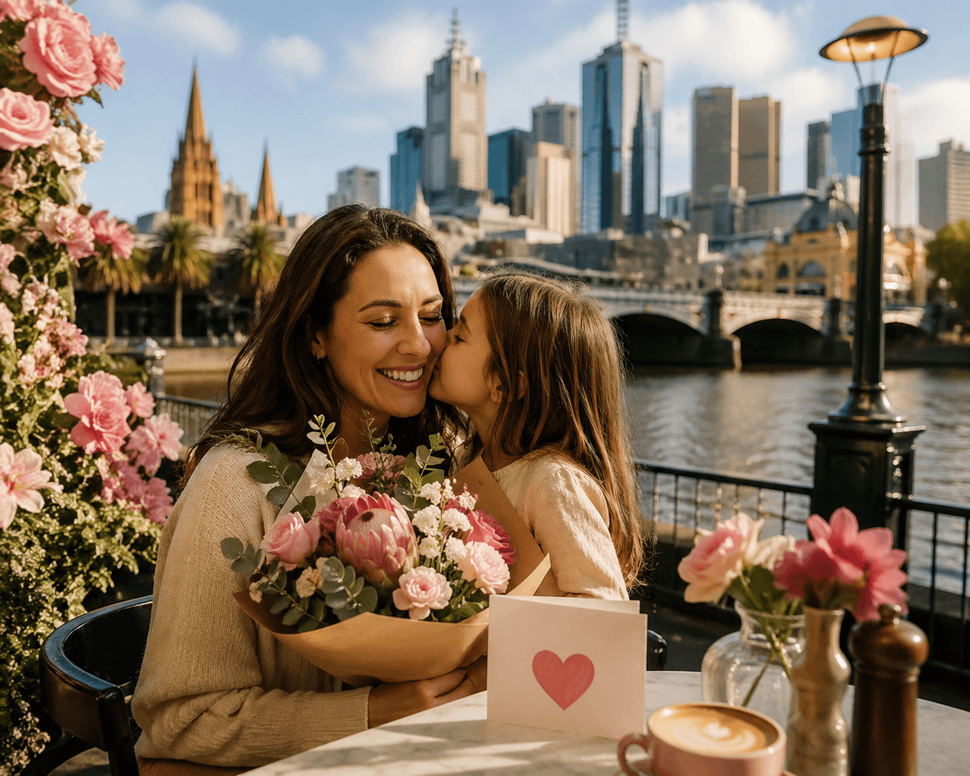 A warm Mother’s Day scene in Melbourne, showing a mum and her child sharing a quiet moment outdoors with soft sunlight, flowers, and a relaxed city backdrop. The image reflects a heartfelt celebration of Mother’s Day in Melbourne, with a gentle, loving atmosphere and minimal text.
