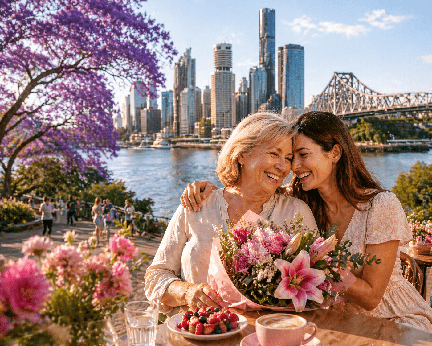 Mother and daughter smiling and hugging at a riverside café with pink flowers and city skyline in the background, capturing a warm and joyful Mother’s Day moment in Brisbane.