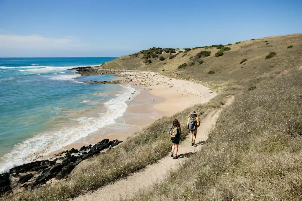 Two hikers walk along the Heysen Trail above the rugged coastline at Deep Creek, with turquoise water, sandy beaches, and rolling coastal hills stretching into the distance. This scenic section showcases the diverse landscapes of Australia Great Walks.