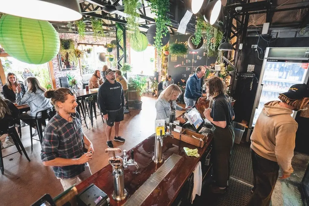 Visitors gather inside Longstocking Brewery, enjoying drinks and chatting in a bright taproom filled with hanging plants and industrial-style décor. This South Coast brewery is a welcoming stop on the region's craft beer trail, offering a lively atmosphere for tasting locally brewed beers.