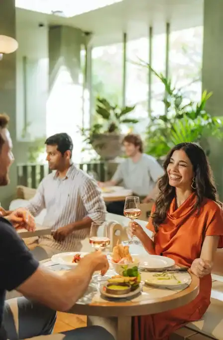 Diners enjoy a meal at Golden Avenue in Brisbane surrounded by lush indoor greenery and natural light. A woman in an orange dress smiles across the table while holding a glass of wine.