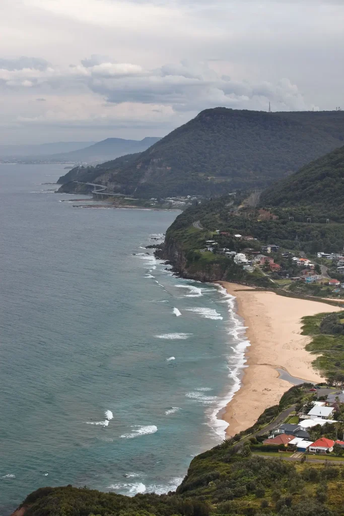 Coastal view from Bald Hill Lookout overlooking a long sandy beach and forested cliffs with Sea Cliff Bridge curving around the coastline in the distance. The elevated viewpoint shows the dramatic landscape surrounding Sea Cliff Bridge and Stanwell Park.