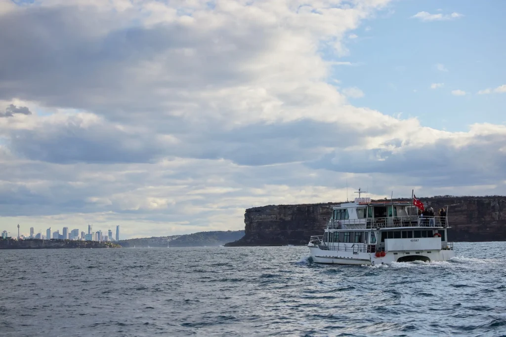 A Sydney Princess Cruises boat travels across open water near the sandstone cliffs of Sydney Harbour with the city skyline in the distance. The vessel takes passengers on whale watching cruises from Sydney during the migration season.